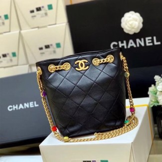 샤넬 램스킨 퀼팅 드로스트링 버킷백 AS2381 블랙